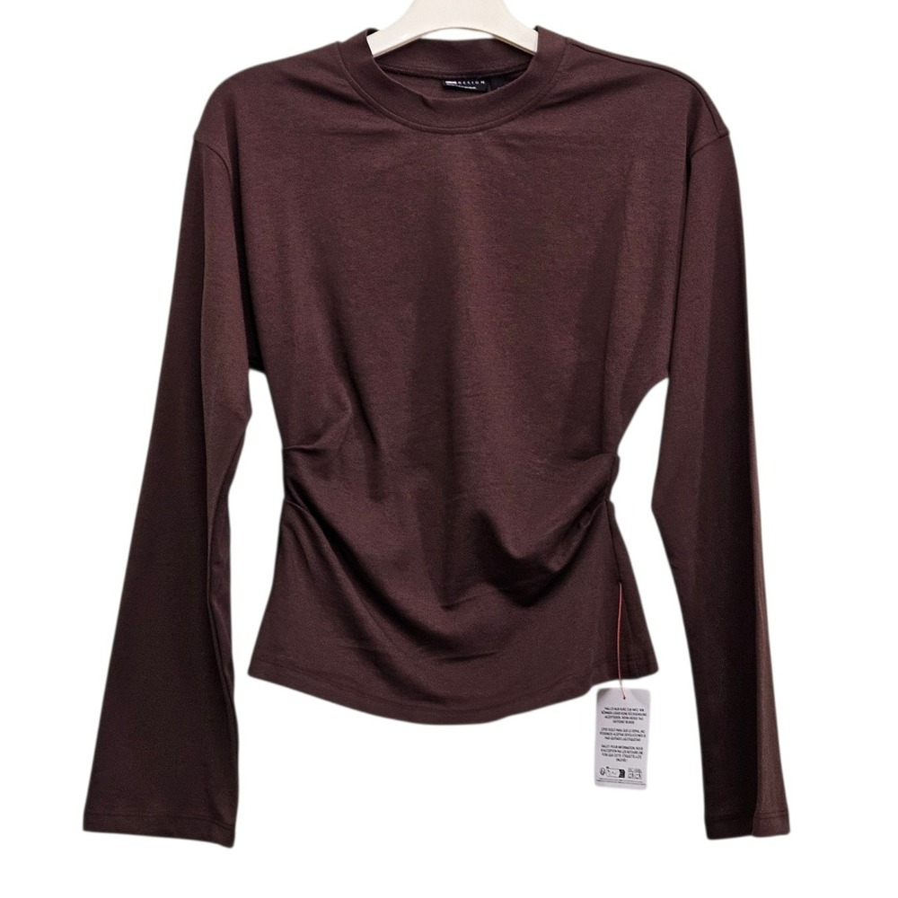 ASOS DESIGN Top Women XS Chocolate Brown Gathered Waist Long Sleeve Contemporary